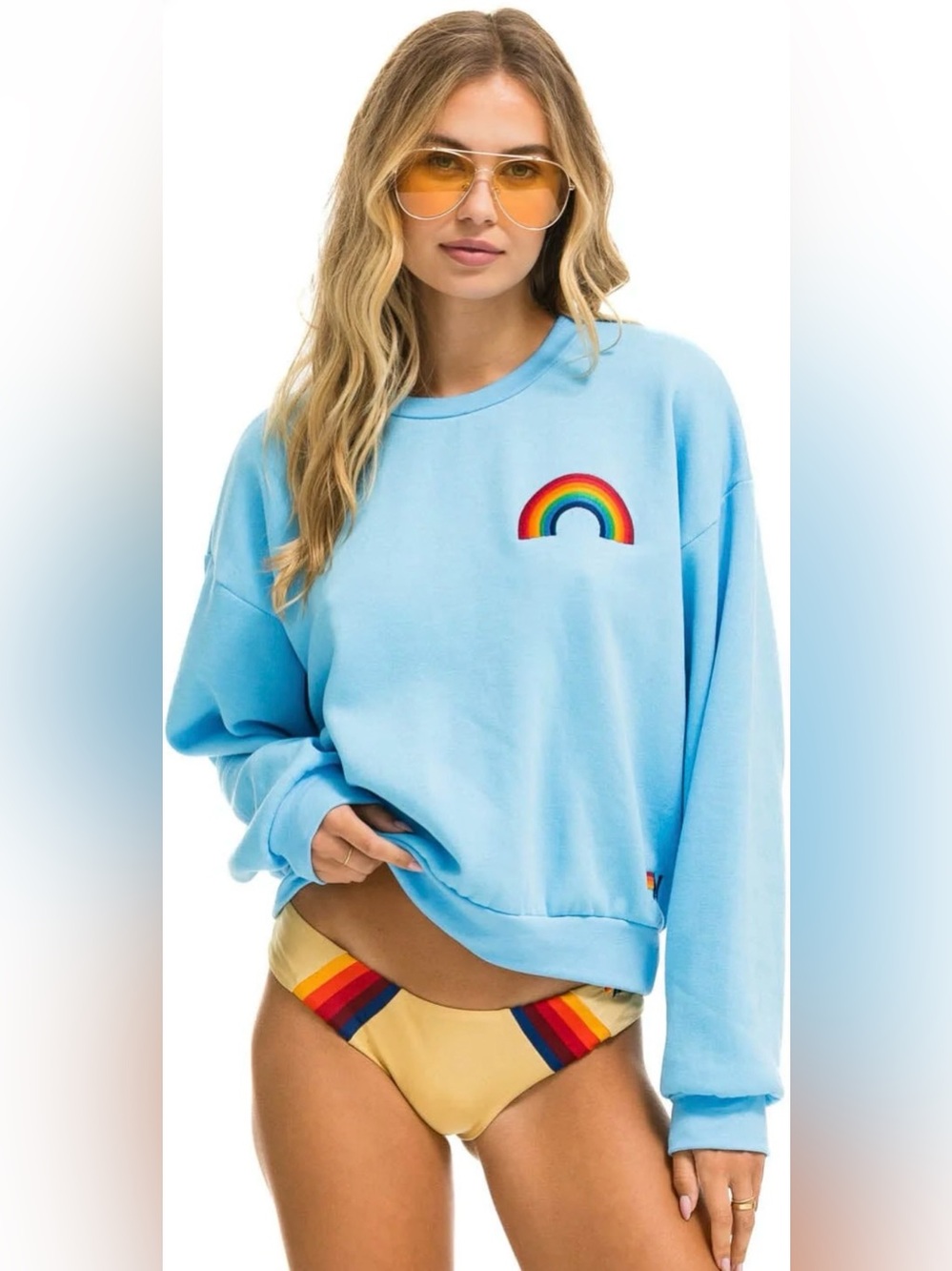 Aviator Nation Light Blue Rainbow Patch Crewneck